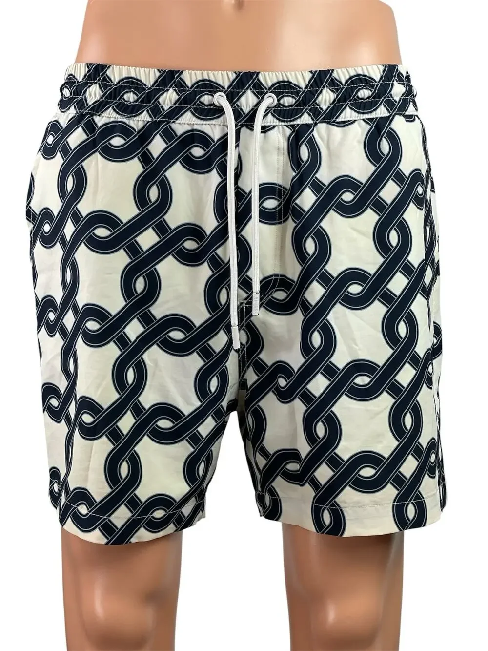 Reiss Men's Black Chain Print Geometric Drawstring Beach Bermuda Swim Shorts L